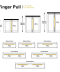 Diagram showing dimensions of Edge Finger Pulls For Cabinets And Concealed Drawers, Aluminum Long Handle Hardware In Brushed Brass Finish.