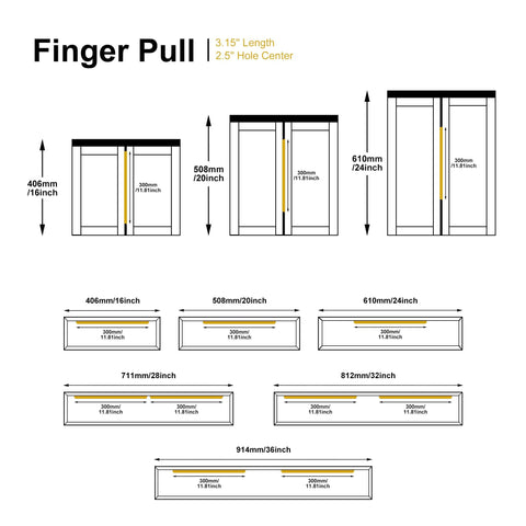 Diagram showing dimensions of Edge Finger Pulls For Cabinets And Concealed Drawers, Aluminum Long Handle Hardware In Brushed Brass Finish.