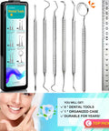 Pro At Home Dental Tools Set with stainless steel picks, tooth scraper, case, and mirror for plaque and tartar removal.