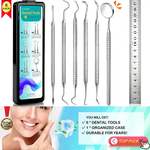 Pro At Home Dental Tools Set with stainless steel picks, tooth scraper, case, and mirror for plaque and tartar removal.