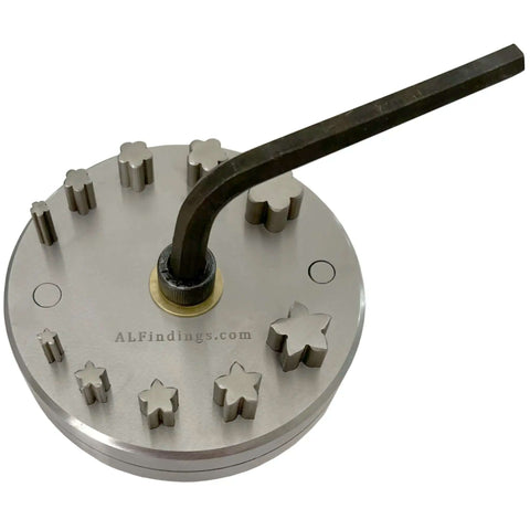 Five Petal Flower Disc Cutter Set Of Ten For Jewelry Making And Metalworking, 5mm To 16mm Diameter, with Allen Key on top
