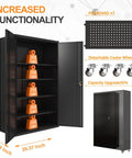 Open view of a 72 Inch Wide Heavy Duty Metal Storage Cabinet On Wheels Lockable Black Garage Cabinet with 4 Adjustable Shelves.
