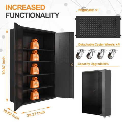 Open view of a 72 Inch Wide Heavy Duty Metal Storage Cabinet On Wheels Lockable Black Garage Cabinet with 4 Adjustable Shelves.