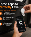 Hassle Free Wireless RV Leveling System With Bluetooth App Control For Travel Trailers Fifth Wheels And Motorhomes Features Real Time Pitch Roll Monitoring To Park Dead Center Without Breaking A Sweat, showing user attaching sensor in RV.