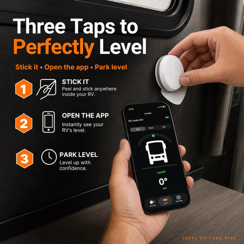 Hassle Free Wireless RV Leveling System With Bluetooth App Control For Travel Trailers Fifth Wheels And Motorhomes Features Real Time Pitch Roll Monitoring To Park Dead Center Without Breaking A Sweat, showing user attaching sensor in RV.