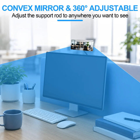 Real Deal Rectangle Convex Traffic Safety Mirror 6.7 By 3 Inches Designed For Sharp Indoor Corner Visibility And Blind Spot Tracking Built Damn Tough For Warehouses Retail Shops And Tight Hallways positioned on a monitor arm.