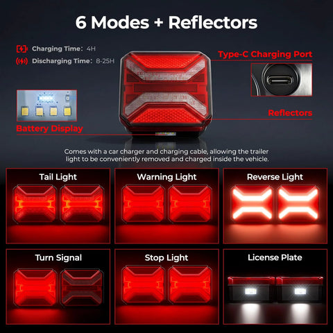 Front view of HWSTAR 2026 trailer lights kit; 6-mode rechargeable IP67 tow lights with brake/turn/running.