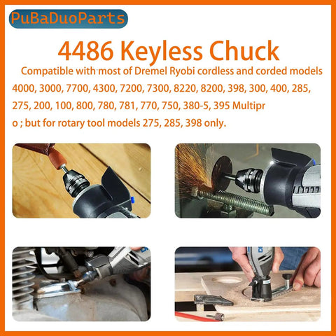 Five Pack Quick Change Keyless Chuck Adapter Kit For Rotary Tools One Thirty Second To One Eighth Inch Shank All Metal Three Jaw Chuck Universal Compatibility Pro Grade With 3000 4000 7700 8200 395 4300 Models And More Tool Free Quick Swap, showing usage images with rotary tools.