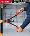 Heavy Duty Rivet Nut Gun Kit With 14 Inch Jaw And 214 Piece Professional Rivnut Tool Set Including 11 Metric SAE Mandrels Plus 200 Premium Rivnuts in use on metal panel