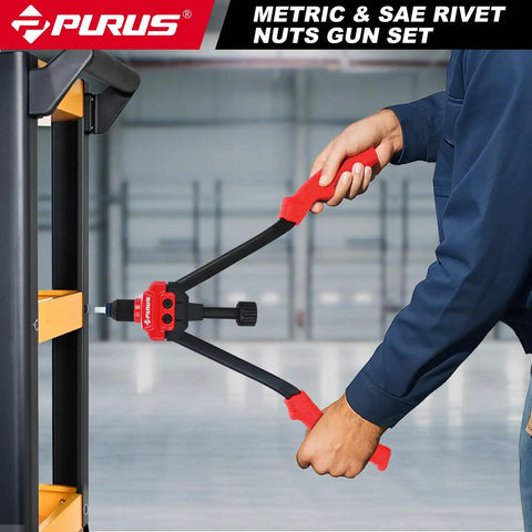 Heavy Duty Rivet Nut Gun Kit With 14 Inch Jaw And 214 Piece Professional Rivnut Tool Set Including 11 Metric SAE Mandrels Plus 200 Premium Rivnuts in use on metal panel