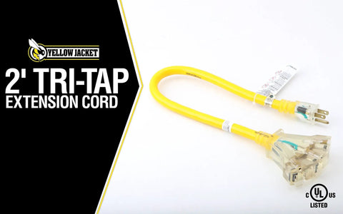 Yellow Jacket Contractor-Grade Extension Cord With Lighted End And 3 Outlets, Rugged Vinyl Jacket, 12 Gauge, 2 Foot, SJTW, High-Visibility Yellow, Heavy Duty And UL Listed.