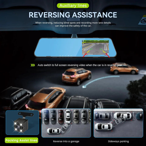 4.5 Inch Mirror Dash Cam With Front And Rear Cameras 1080P Display showing parking assist feature and reversing assistance