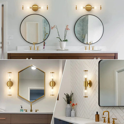 Golden Glass Shade Wall Sconce Lighting For Bathroom Vanity, Modern Gold Finish, 17.7 Inch Long, E12 Socket, Bulbs Not Included