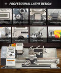 Compact Mini Lathe For Metal Machining 50-2500 Rpm Variable Speed W/ 1 5 Inch Spindle Bore Precision Benchtop Tool display features.