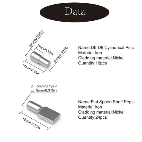 Cylindrical and flat spoon nickel plated iron shelf pins from 120 Piece Shelf Support Pegs Kit with dimensions