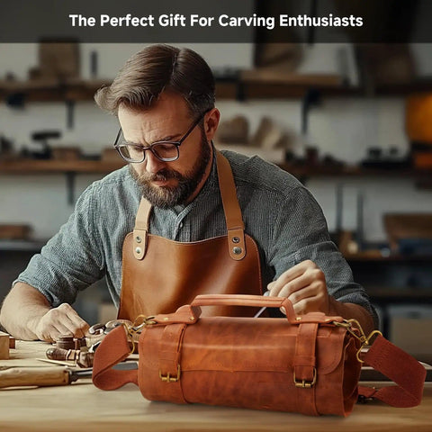 Man using Wood Carving Kit 17Pcs With Whittling Knives And Detail Carving Tools For Beginners And Adults, Professional Woodworking Set with leather roll bag on table.
