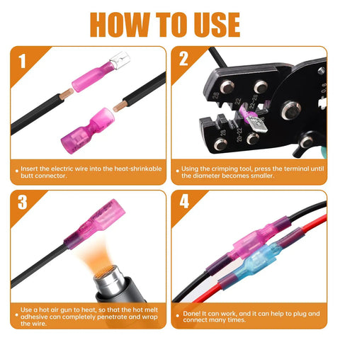 Step-by-step guide for using 100Piece Heat Shrink Spade Connectors Kit With Crimping Tool For Electrical Projects Waterproof AWG 22 To 10 Spade Terminals