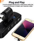 Plug And Play AC DC Car Cigarette Lighter Adapter Converter connected to a power strip, charging a smartphone.