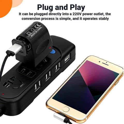 Plug And Play AC DC Car Cigarette Lighter Adapter Converter connected to a power strip, charging a smartphone.