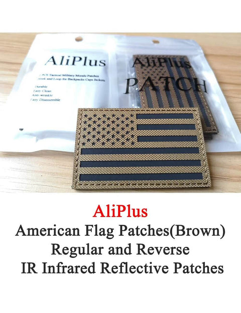AliPlus American flag patches, brown, IR reflective, front view; two-piece set with hook-and-loop backing
