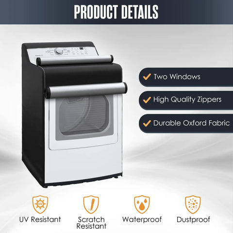 Outdoor Waterproof Washer And Dryer Cover 2 Pack For Top Load And Front Load Washing Machines Keeps It Clean By Blocking Dust Sunlight And UV Rays Weatherproof showing durable oxford fabric and two windows.