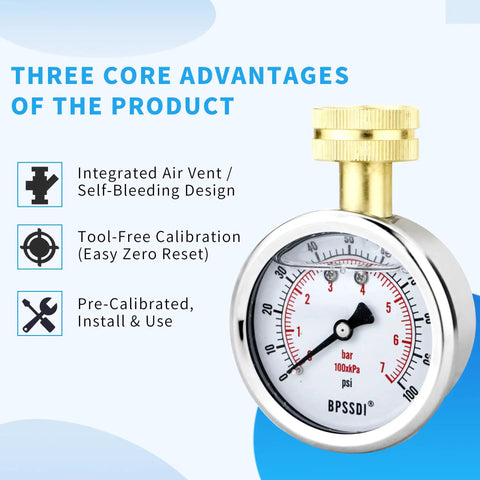 0-200 Psi Water Pressure Gauge With 2.5 Inch Dial, Lead-Free Brass Fittings, Stainless Steel Case, DIY Water Pressure Tester