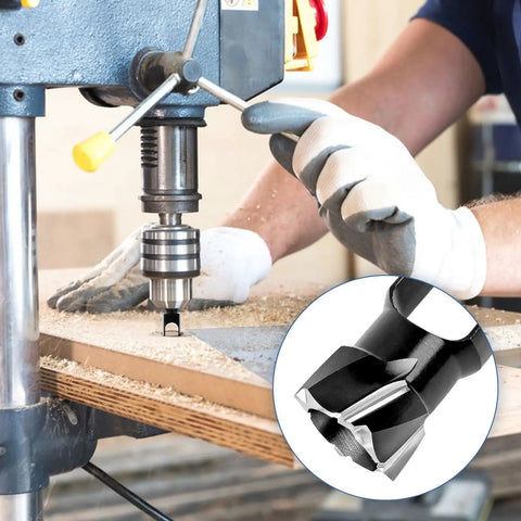 Top Tier Half Inch Shank Carbon Steel Wood Dowel Plug Cutter in use on a drill for quick pocket hole plugs.