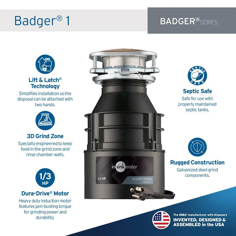 Diagram of Badger 1/3 HP Garbage Disposal With Power Cord, highlighting features like Lift & Latch, Dura-Drive Motor, and rugged design.