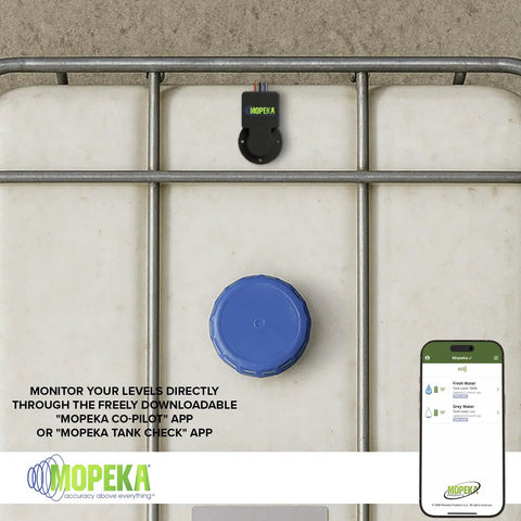 Pro200 Ultrasonic Tank Level Sensor with Bluetooth and wired connectivity on tank, app interface visible on smartphone