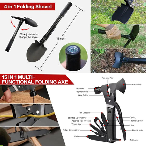 Image showing a 4-in-1 folding shovel and 15-in-1 multi-functional axe included in the 251 Piece Survival Gear Kit With MOLLE Compatible Bag And Emergency Tent For Earthquakes, Outdoor Adventures, Hiking, Hunting And Emergency Prep, A Killer Gift For Men And Women.