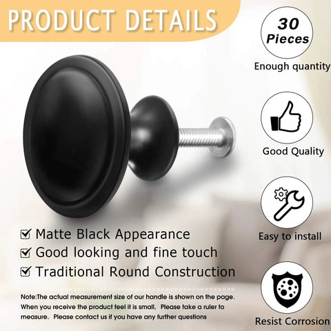 Set Of 30 Round Black Cabinet Knobs 1.2 Inch For Kitchen Cupboard Doors And Drawer Pulls Dope Sleek Solid Stainless Hardware