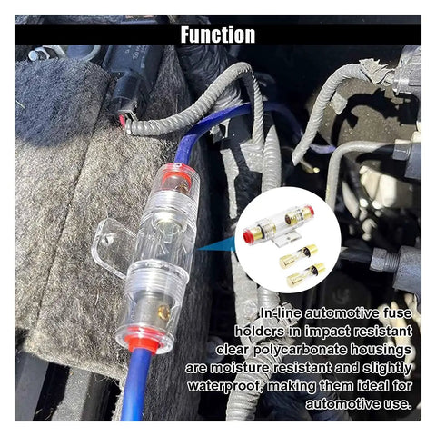 Two Pack In Line Fuse Holder For 4 And 8 Gauge Wiring With Four 100 Amp AGU Fuses Beefy Car Audio Power Protector Easy Install Durable Automotive Electrical Accessory For Safe Reliable Wiring clear polycarbonate fuse holder on blue wire in car bay