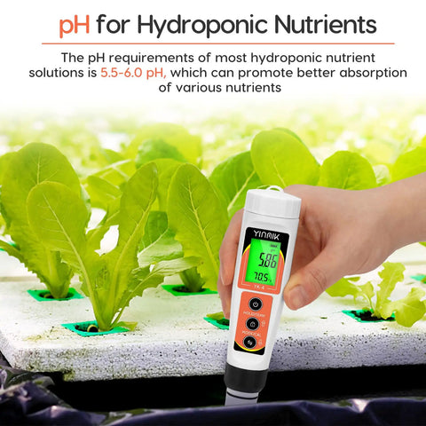 Hand using 4 In 1 Digital pH EC TDS Temp Meter For Water Hydroponics And Indoor Gardens Easy Calibration Waterproof Backlit Tester