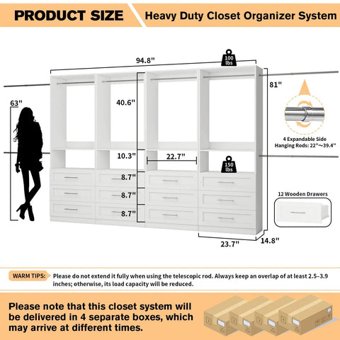 White Modular Walk In Closet Organizer With 12 Drawers 4 Shelves And 8 Hanging Rods Freestanding Storage Rack Expands To Twenty One Feet A Total Game Changer For Keeping Things Slick