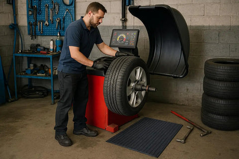Air Step Anti Fatigue Vinyl Floor Mat 2x3 Black in workshop, under tire balancing machine, reducing fatigue for worker