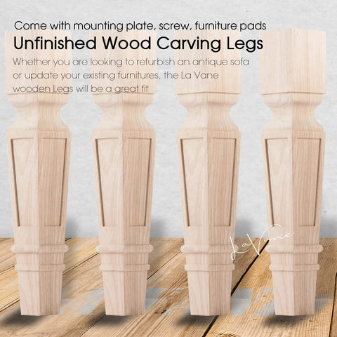 18 Inch Solid Wood Furniture Legs Set Of 4 With Carved Geometric Design Unfinished Bun Feet Includes Mounting Plate And Screws