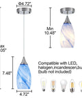 Three Pack Handblown Blue Marble Art Glass Pendant Lights For Dining Room Kitchen Foyer And Hallway Modern Fixture With Soft Ambient Glow Ideal For Home Decor shown with dimensions and bulb compatibility.