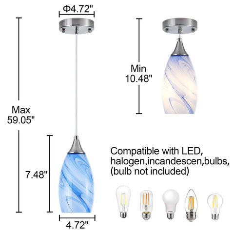 Three Pack Handblown Blue Marble Art Glass Pendant Lights For Dining Room Kitchen Foyer And Hallway Modern Fixture With Soft Ambient Glow Ideal For Home Decor shown with dimensions and bulb compatibility.