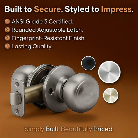 Non Locking Passage Interior Door Knob Set For Bedrooms, Bathrooms And Closets, Satin Stainless Finish, ANSI Grade 3