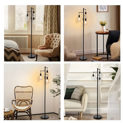 Three Light Industrial Floor Lamp With Glass Shades For Living Room Dope Vibe in various room settings