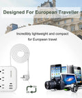 Image of US To Europe Travel Plug Adapter With USB C And Three USB Ports Three Outlets Three Foot Cord White Must Have For Travel To France Germany Spain Greece Iceland And Other EU Countries A Safe And Portable International Power Strip, shown with various electronic devices and travel background.