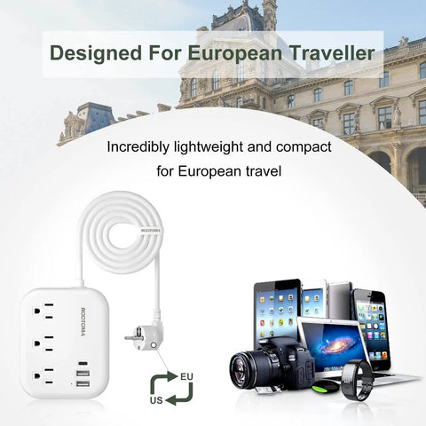 Image of US To Europe Travel Plug Adapter With USB C And Three USB Ports Three Outlets Three Foot Cord White Must Have For Travel To France Germany Spain Greece Iceland And Other EU Countries A Safe And Portable International Power Strip, shown with various electronic devices and travel background.