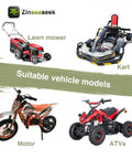 Easy Recoil Pull Starter For 43cc 47cc 49cc 50cc 63cc 70cc Small Engines Fits Karts ATVs Scooters Pocket Bikes Mini Quads And Mini Motos 98mm Diameter Replacement Kickstart For 2 Stroke And 4 Stroke Motors shown with suitable vehicles including karts, ATVs, lawnmowers, and a motorbike.