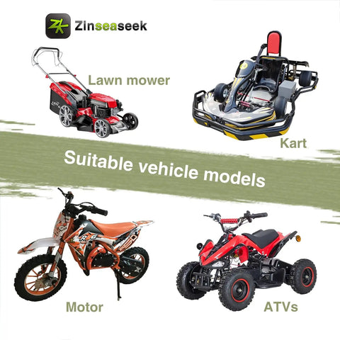 Easy Recoil Pull Starter For 43cc 47cc 49cc 50cc 63cc 70cc Small Engines Fits Karts ATVs Scooters Pocket Bikes Mini Quads And Mini Motos 98mm Diameter Replacement Kickstart For 2 Stroke And 4 Stroke Motors shown with suitable vehicles including karts, ATVs, lawnmowers, and a motorbike.