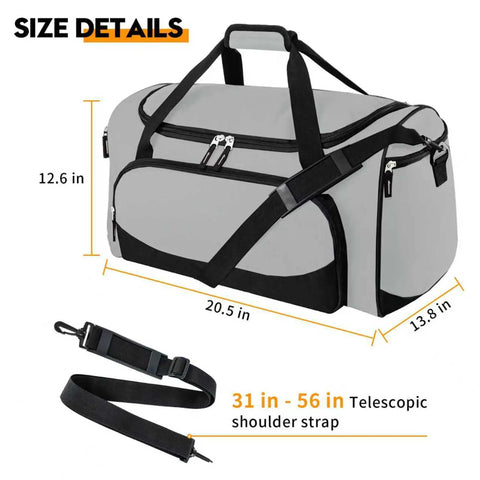 Built Tough 55L Duffle Bag For Men Large Gym Duffel For Workout Sports And Travel Gear Gray With dimensions and strap details