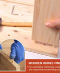 Close-up of wood dowel pins in panel, 3/8 inch by 4 inch straight fluted dowels for crafts, furniture, and DIY projects.