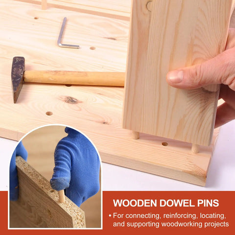 Close-up of wood dowel pins in panel, 3/8 inch by 4 inch straight fluted dowels for crafts, furniture, and DIY projects.
