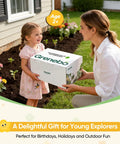 Woman gifting a young girl a Kids Garden Set With Wheelbarrow And 11 Piece Outdoor Tool Kit For Backyard Beach And STEM Play.