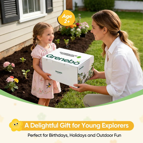 Woman gifting a young girl a Kids Garden Set With Wheelbarrow And 11 Piece Outdoor Tool Kit For Backyard Beach And STEM Play.