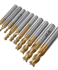 End mills, titanium-coated, 4-flute, straight shank; pack of 10 in sizes 5/64"–3/8".